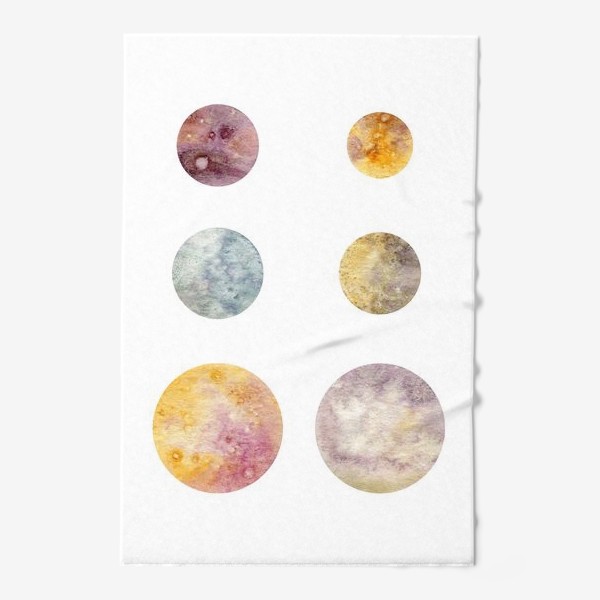 Полотенце &laquo;Акварельная нарисованная вручную яркая иллюстрация с космическими планетами, Космос, круг, шар, пятно&raquo;