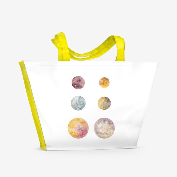 Пляжная сумка &laquo;Акварельная нарисованная вручную яркая иллюстрация с космическими планетами, Космос, круг, шар, пятно&raquo;