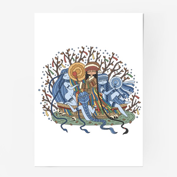 Постер «Девушка шаман с бубном, плывет в лодке, а ее сопровождают духи»