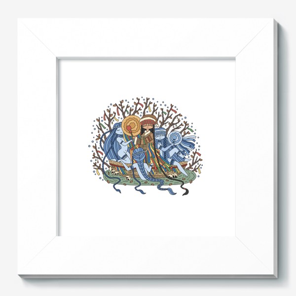 Картина «Девушка шаман с бубном, плывет в лодке, а ее сопровождают духи»