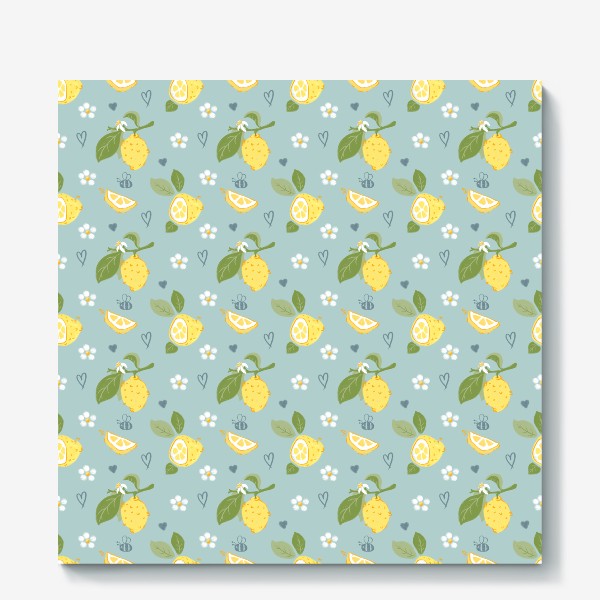 Холст «Лимоны на голубом фоне с пчёлами и цветами»