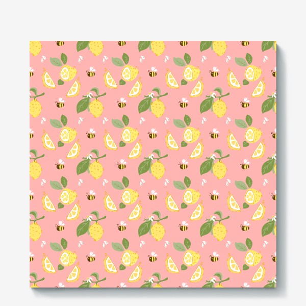 Холст «Лимон на розовом фоне с цветами и пчёлами»