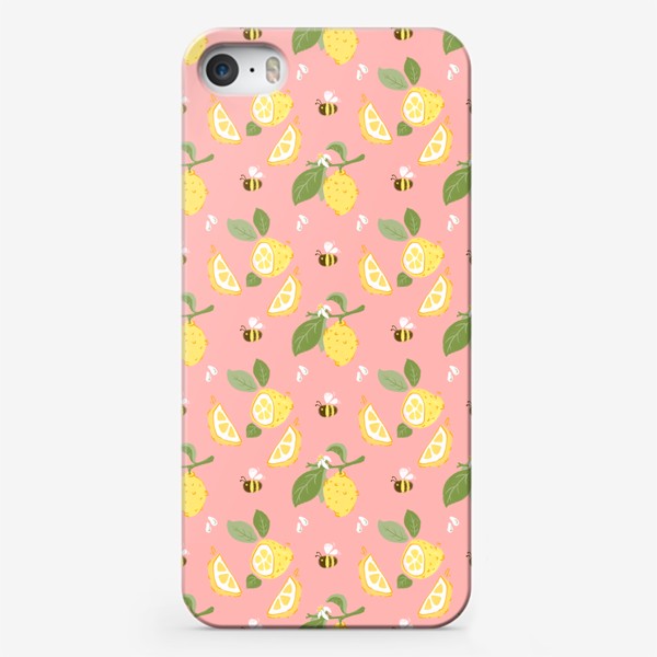 Чехол iPhone «Лимон на розовом фоне с цветами и пчёлами»