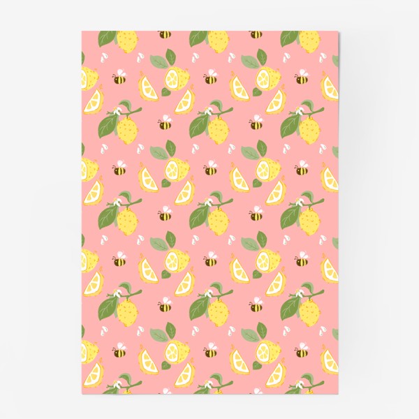 Постер «Лимон на розовом фоне с цветами и пчёлами»