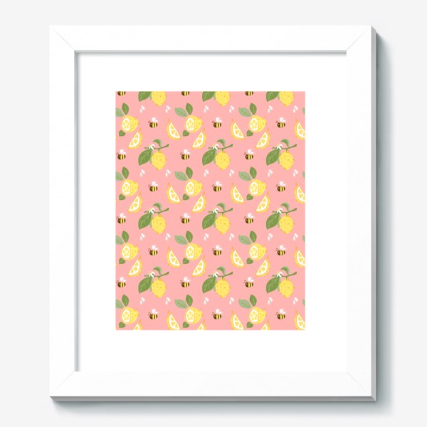 Картина «Лимон на розовом фоне с цветами и пчёлами»