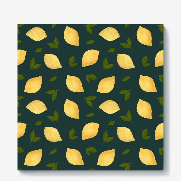 Холст &laquo;Яркие лимоны на зелёном фоне Цитрусы и листья Лимонный принт Паттерн с лимонами&raquo;