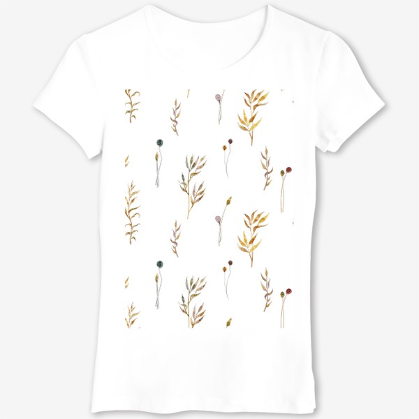Футболка «Акварельный нарисованный вручную бесшовный фон с яркими иллюстрациями простых растений колосков, травинок, цветов. Рожь»