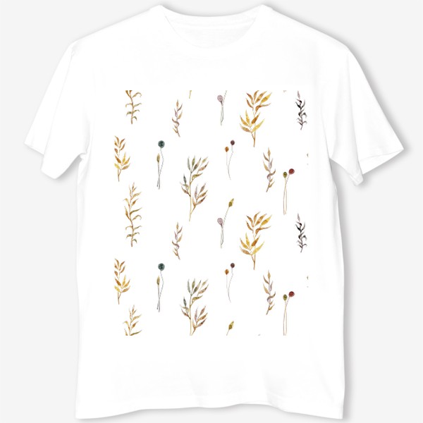 Футболка «Акварельный нарисованный вручную бесшовный фон с яркими иллюстрациями простых растений колосков, травинок, цветов. Рожь»