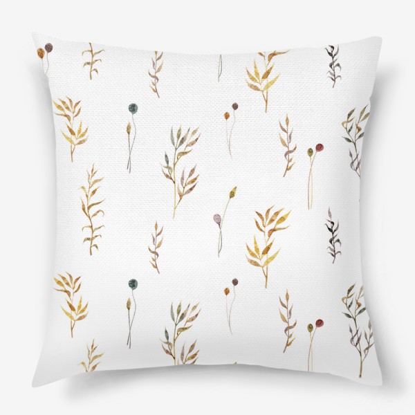 Подушка «Акварельный нарисованный вручную бесшовный фон с яркими иллюстрациями простых растений колосков, травинок, цветов. Рожь»