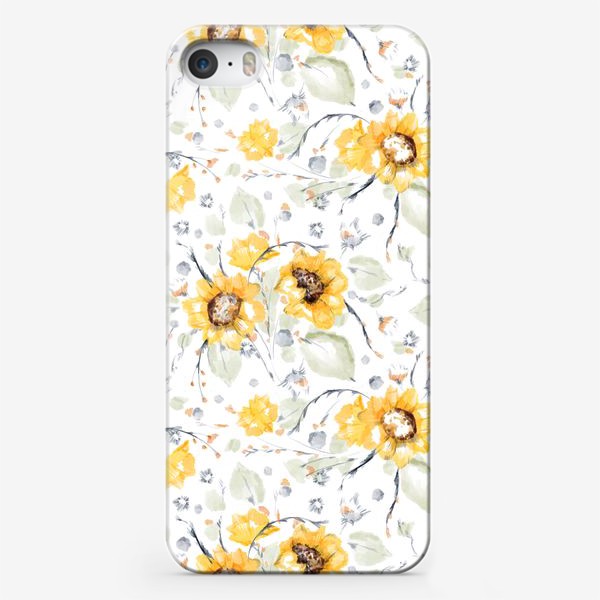 Чехол iPhone «Акварельный нарисованный вручную бесшовный фон с яркими иллюстрациями желтых цветов подсолнечника, листьев»