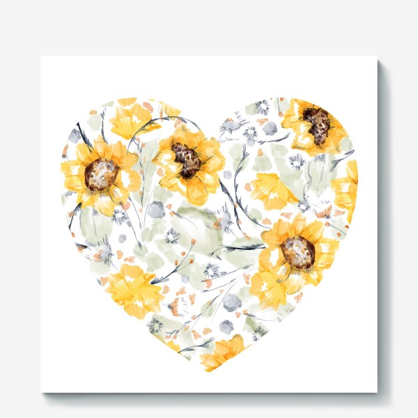 Холст &laquo;Акварельная нарисованная вручную яркая иллюстрация сердца с желтыми цветами подсолнечника, листьями&raquo;