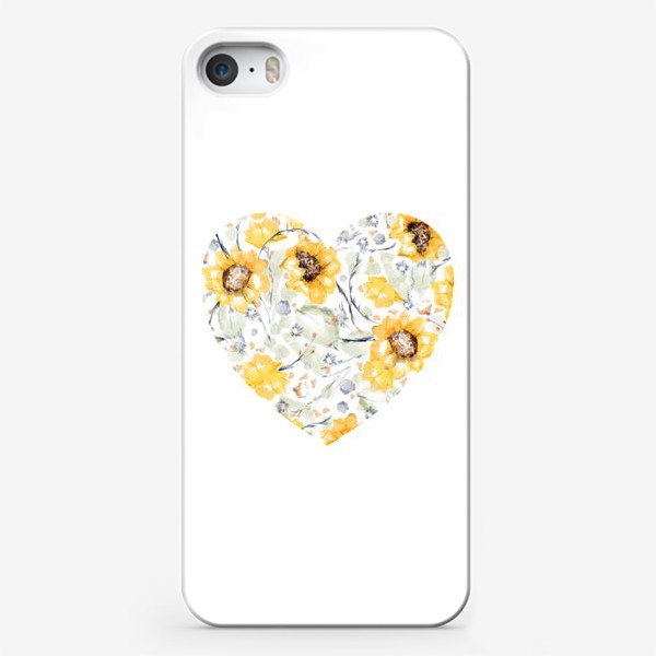 Чехол iPhone «Акварельная нарисованная вручную яркая иллюстрация сердца с желтыми цветами подсолнечника, листьями»