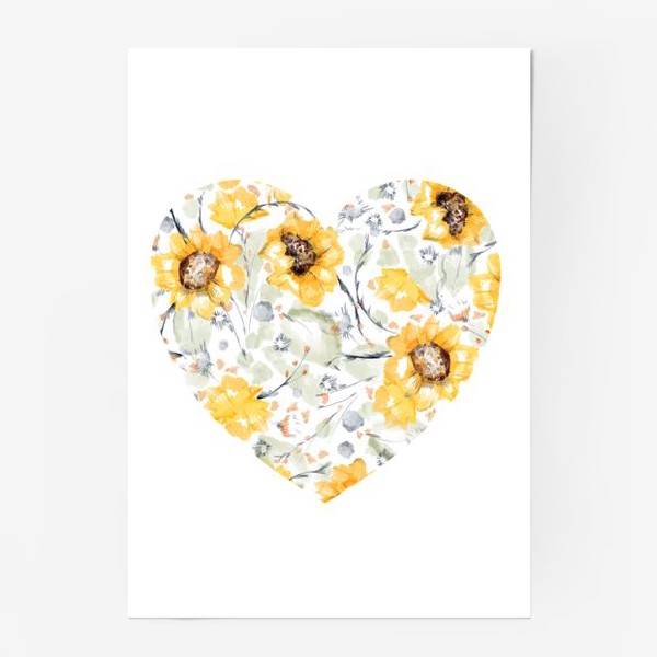 Постер &laquo;Акварельная нарисованная вручную яркая иллюстрация сердца с желтыми цветами подсолнечника, листьями&raquo;