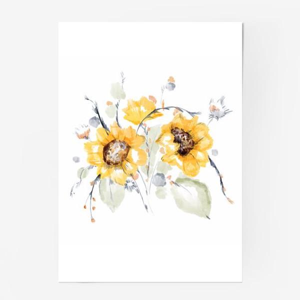 Постер «Акварельная нарисованная вручную яркая иллюстрация букета с желтыми цветами подсолнечника, листьями»