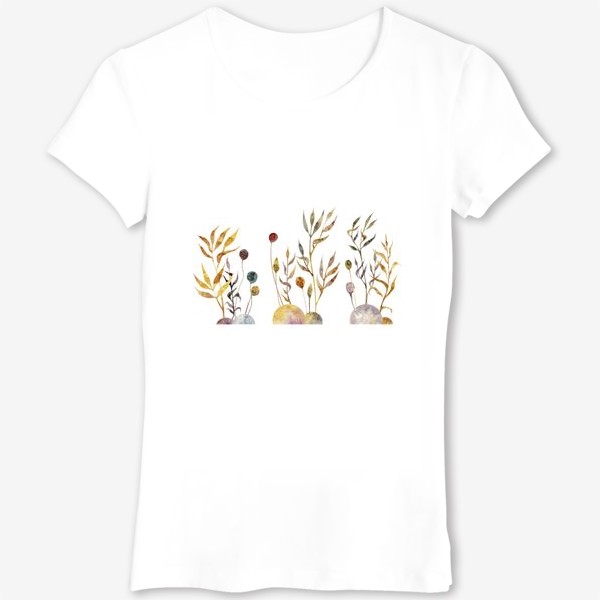 Футболка &laquo;Акварельная нарисованная вручную яркая иллюстрация с простыми растениями-колоски, травинки, цветы на кочках. Рожь&raquo;