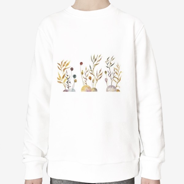 Свитшот &laquo;Акварельная нарисованная вручную яркая иллюстрация с простыми растениями-колоски, травинки, цветы на кочках. Рожь&raquo;