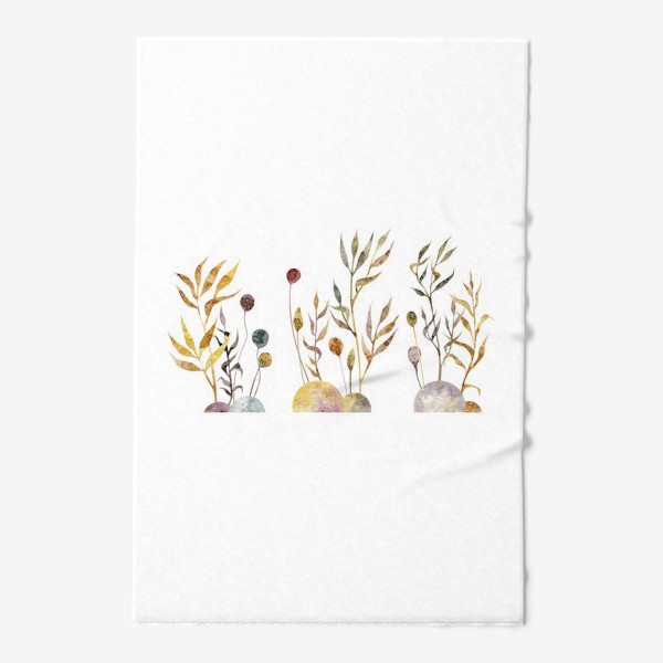 Полотенце «Акварельная нарисованная вручную яркая иллюстрация с простыми растениями-колоски, травинки, цветы на кочках. Рожь»