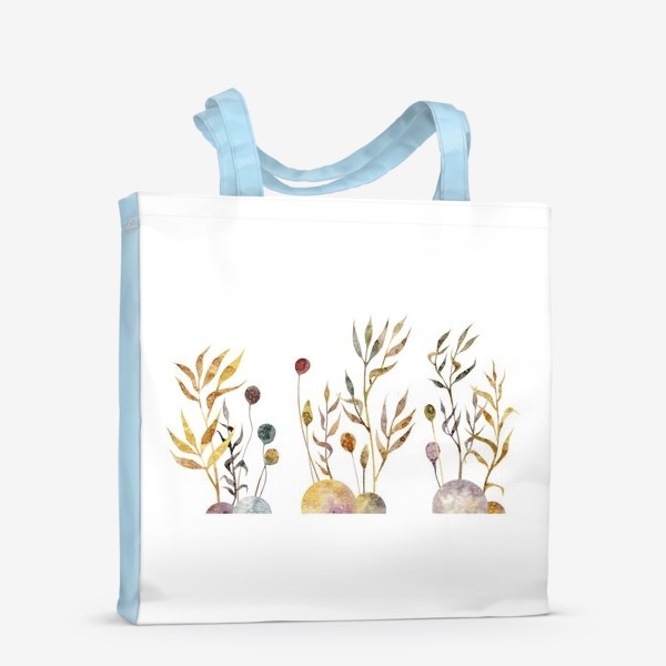 Сумка-шоппер «Акварельная нарисованная вручную яркая иллюстрация с простыми растениями-колоски, травинки, цветы на кочках. Рожь»