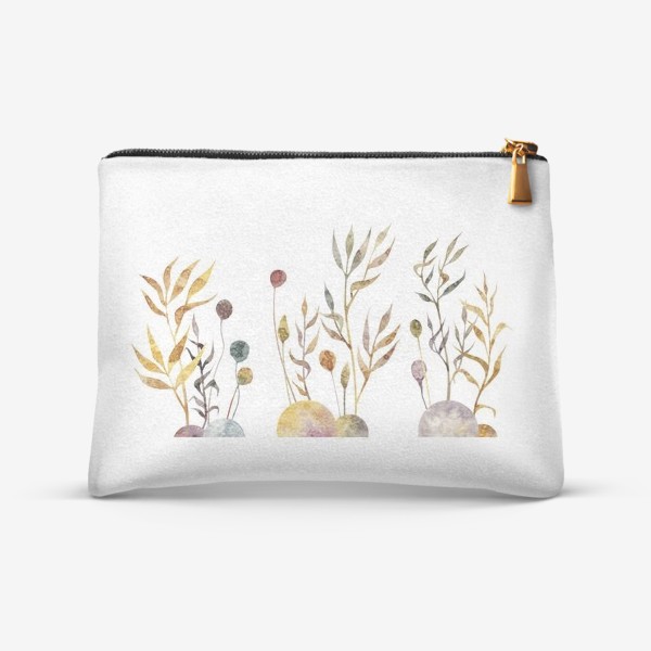 Косметичка &laquo;Акварельная нарисованная вручную яркая иллюстрация с простыми растениями-колоски, травинки, цветы на кочках. Рожь&raquo;