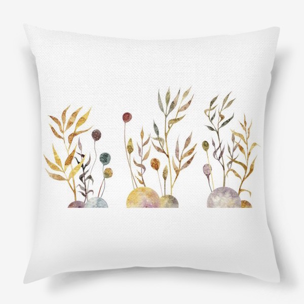 Подушка &laquo;Акварельная нарисованная вручную яркая иллюстрация с простыми растениями-колоски, травинки, цветы на кочках. Рожь&raquo;