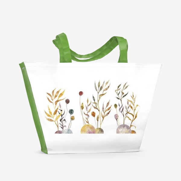 Пляжная сумка &laquo;Акварельная нарисованная вручную яркая иллюстрация с простыми растениями-колоски, травинки, цветы на кочках. Рожь&raquo;