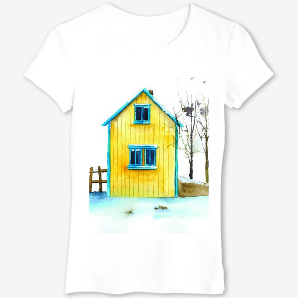 Футболка &laquo;Жёлтый дачный домик на фоне голубого снега&raquo;