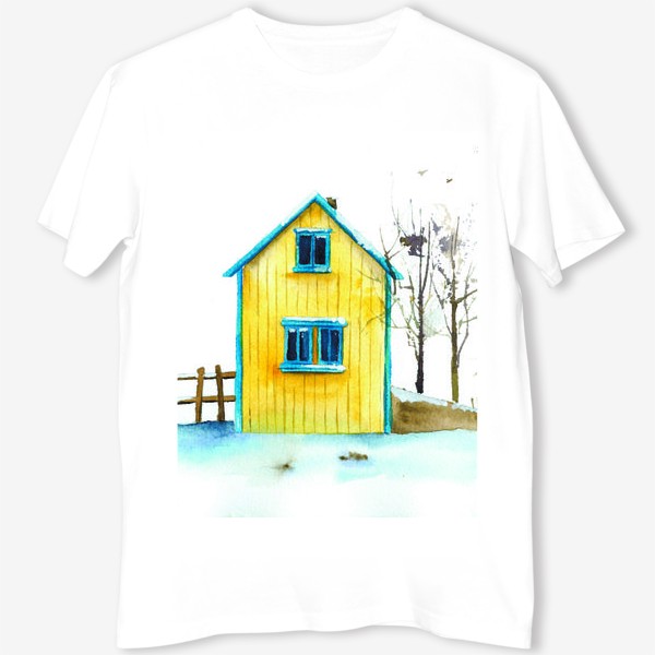 Футболка «Жёлтый дачный домик на фоне голубого снега»