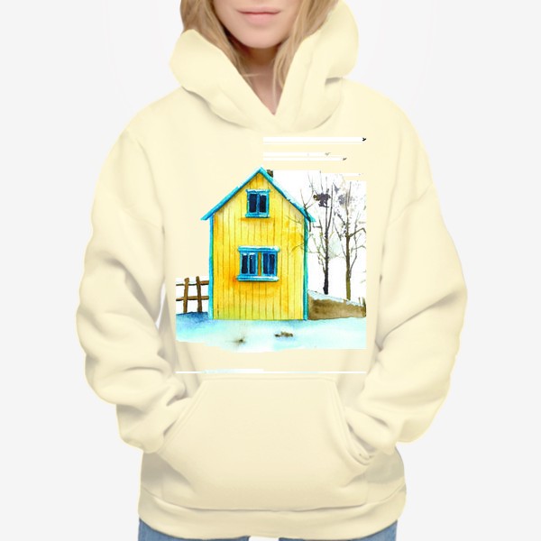 Худи «Жёлтый дачный домик на фоне голубого снега»