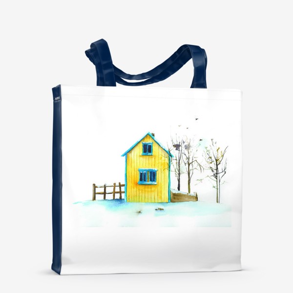 Сумка-шоппер «Жёлтый дачный домик на фоне голубого снега»