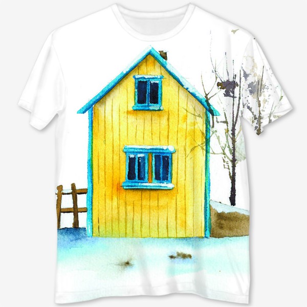 Футболка с полной запечаткой &laquo;Жёлтый дачный домик на фоне голубого снега&raquo;