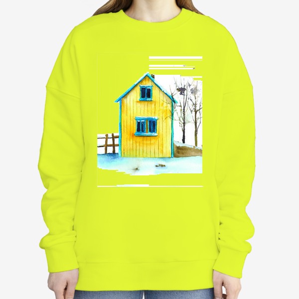 Свитшот «Жёлтый дачный домик на фоне голубого снега»