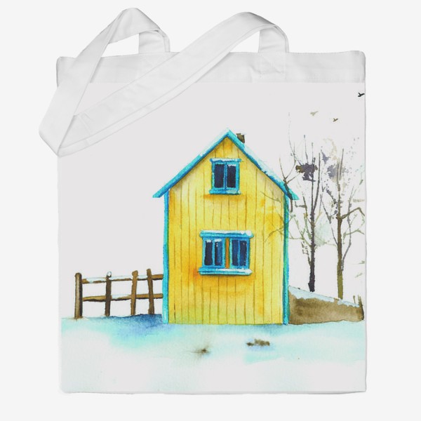 Сумка хб «Жёлтый дачный домик на фоне голубого снега»