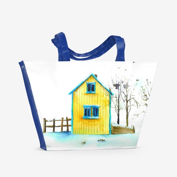 Пляжная сумка «Жёлтый дачный домик на фоне голубого снега»