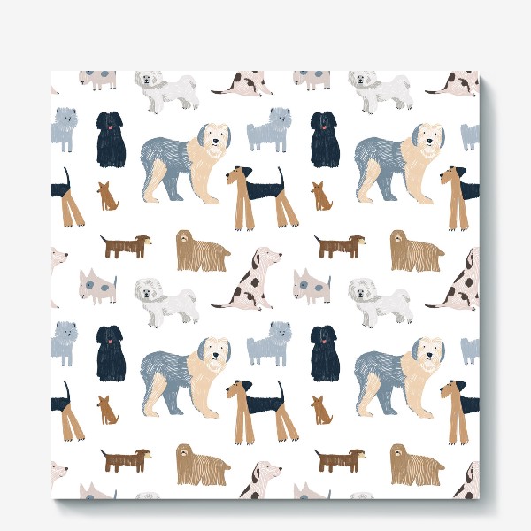 Холст &laquo;Нарисованный вручную бесшовный фон со стильными собаками разных пород и размеров. Домашние животные, питомцы&raquo;