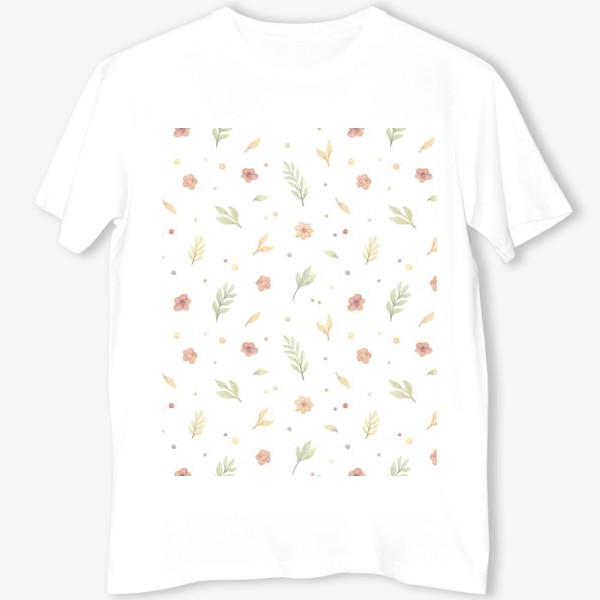 Футболка &laquo;Акварельный нарисованный вручную бесшовный фон с нежными иллюстрациями простых растений, весенних цветов&raquo;
