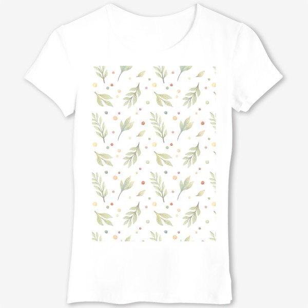 Футболка &laquo;Акварельный нарисованный вручную бесшовный фон с нежными иллюстрациями простых растений, весенних цветов, веточек, точек&raquo;