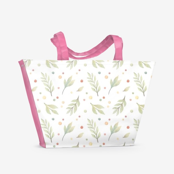 Пляжная сумка «Акварельный нарисованный вручную бесшовный фон с нежными иллюстрациями простых растений, весенних цветов, веточек, точек»