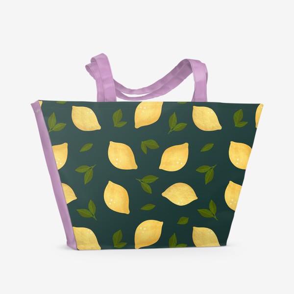 Пляжная сумка &laquo;Яркие лимоны на зелёном фоне Цитрусы и листья Лимонный принт Паттерн с лимонами&raquo;