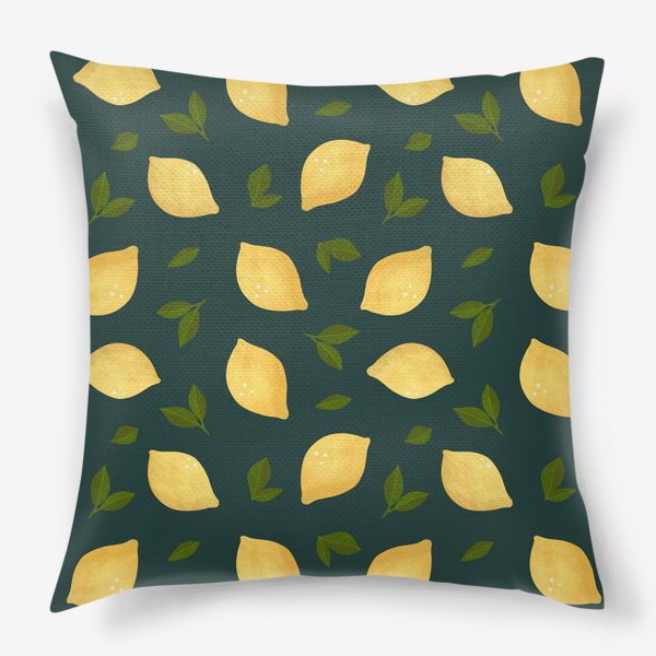 Подушка «Яркие лимоны на зелёном фоне Цитрусы и листья Лимонный принт Паттерн с лимонами»