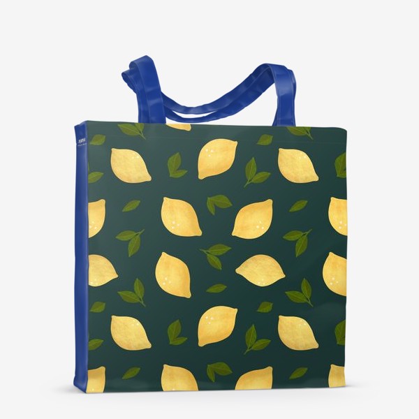 Сумка-шоппер «Яркие лимоны на зелёном фоне Цитрусы и листья Лимонный принт Паттерн с лимонами»