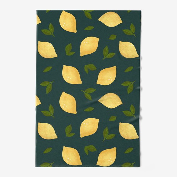 Полотенце «Яркие лимоны на зелёном фоне Цитрусы и листья Лимонный принт Паттерн с лимонами»