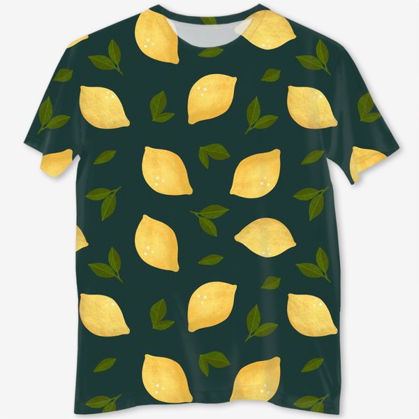 Футболка с полной запечаткой &laquo;Яркие лимоны на зелёном фоне Цитрусы и листья Лимонный принт Паттерн с лимонами&raquo;