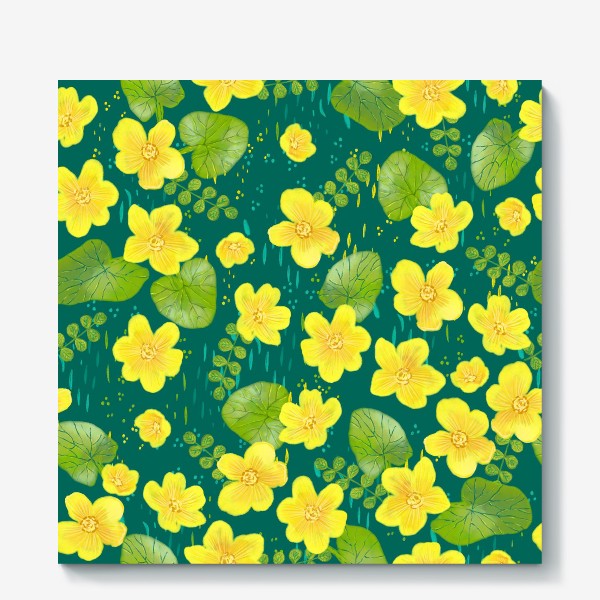 Холст &laquo;Калужница болотная. Весенний желтый цветок на зеленом фоне&raquo;
