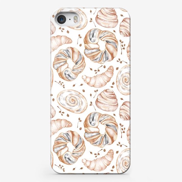 Чехол iPhone «Акварельный нарисованный вручную бесшовный фон с яркими иллюстрациями хлебобулочных мучных изделий. Сладкая выпечка»