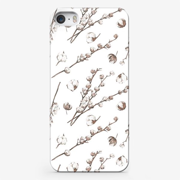 Чехол iPhone «Акварельный нарисованный вручную бесшовный фон с нежными иллюстрациями веток и коробочек хлопка»