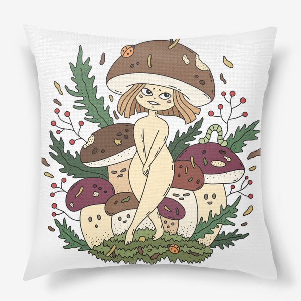 Подушка «Белые грибы. Веселая девочка грибочек в лесу»