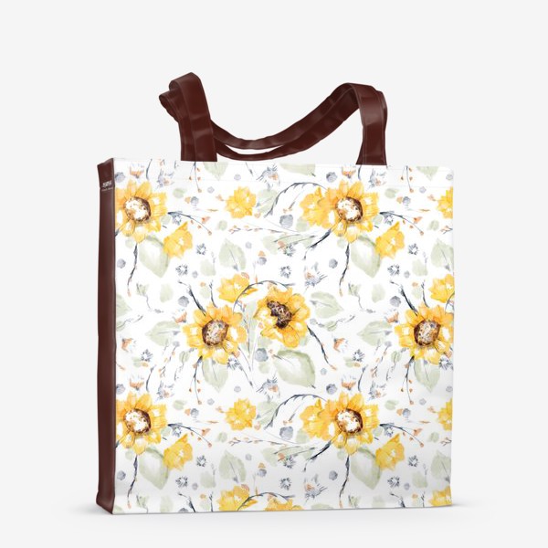 Сумка-шоппер &laquo;Акварельный нарисованный вручную бесшовный фон с яркими иллюстрациями желтых цветов подсолнечника, листьев&raquo;
