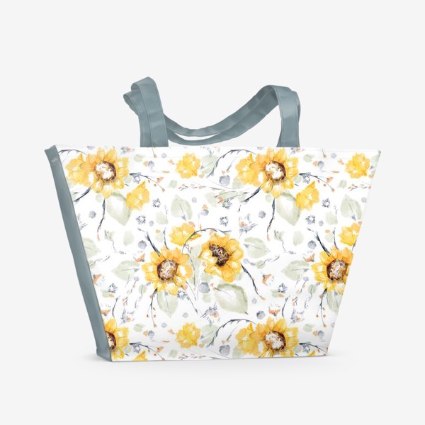 Пляжная сумка &laquo;Акварельный нарисованный вручную бесшовный фон с яркими иллюстрациями желтых цветов подсолнечника, листьев&raquo;