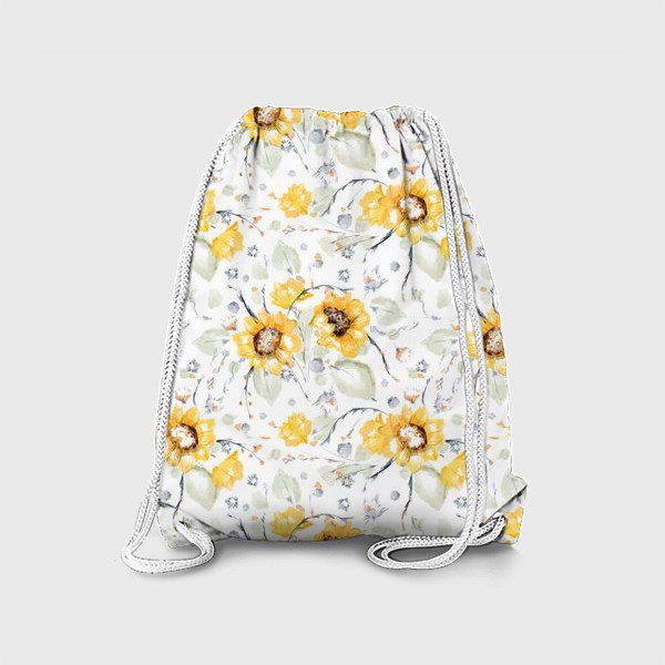 Рюкзак «Акварельный нарисованный вручную бесшовный фон с яркими иллюстрациями желтых цветов подсолнечника, листьев»