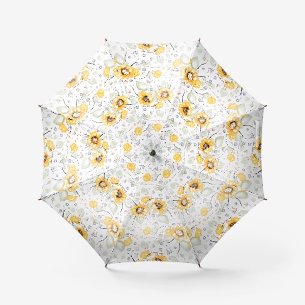 Зонт «Акварельный нарисованный вручную бесшовный фон с яркими иллюстрациями желтых цветов подсолнечника, листьев»